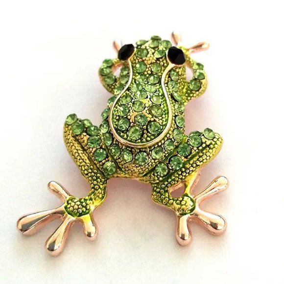 Frog Brooch Rhinestone Pin Stylish Sparkle Glam Green Toad Fun Whimsical Trendy - Picture 2 of 4
